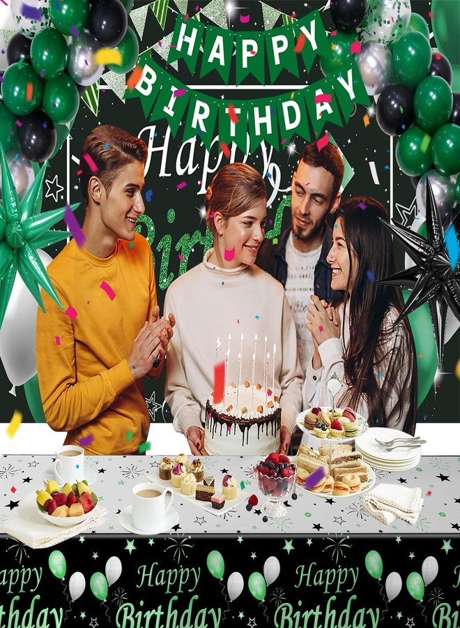 Purtarly Green and Black Birthday Decorations for Men Women, Black and Green Party Decorations for Boys Girls Happy Birthday Banner Backdrop with Confetti Star Balloons Arch Tablecloth Bday Party Supplies - Image 3